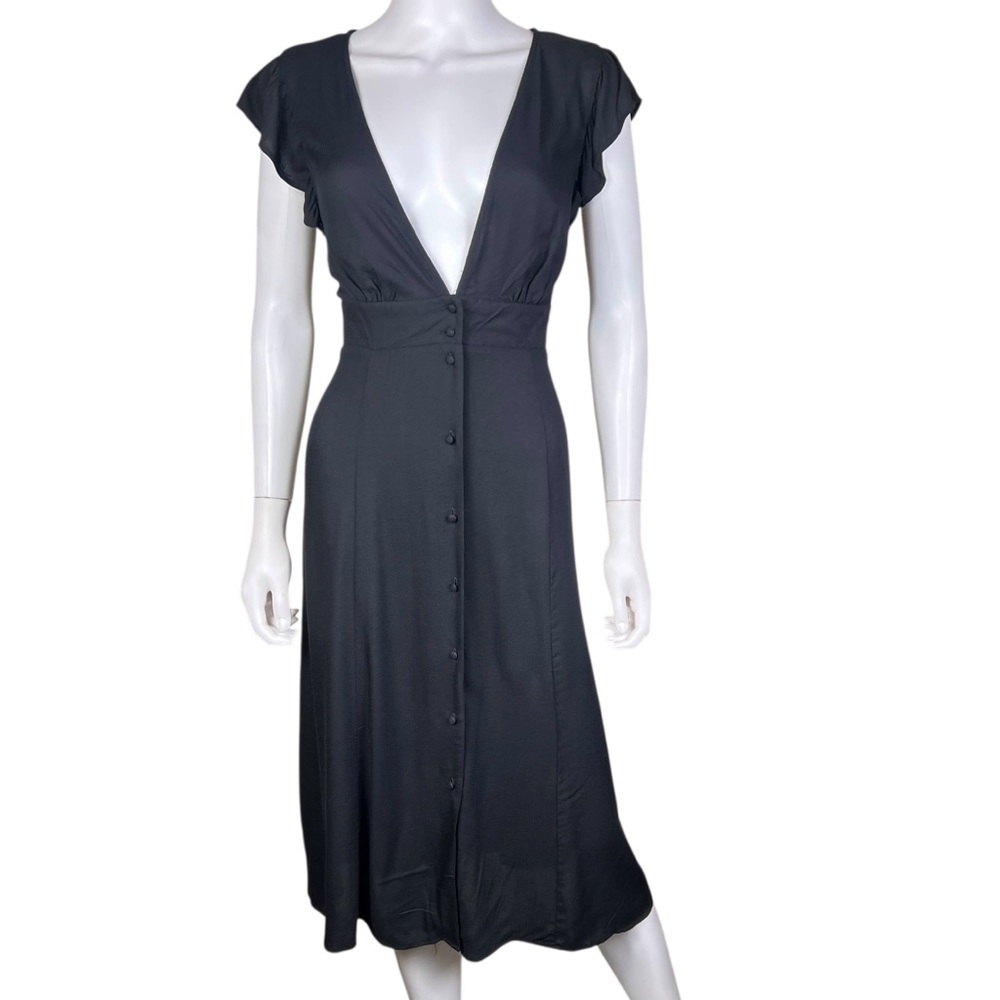 New Forever 21 Contemporary Deep Plunge V-Neck Black Midi Dress - Picture 2 of 10